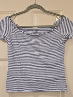 John Galt White and Blue Striped Boatneck Tee